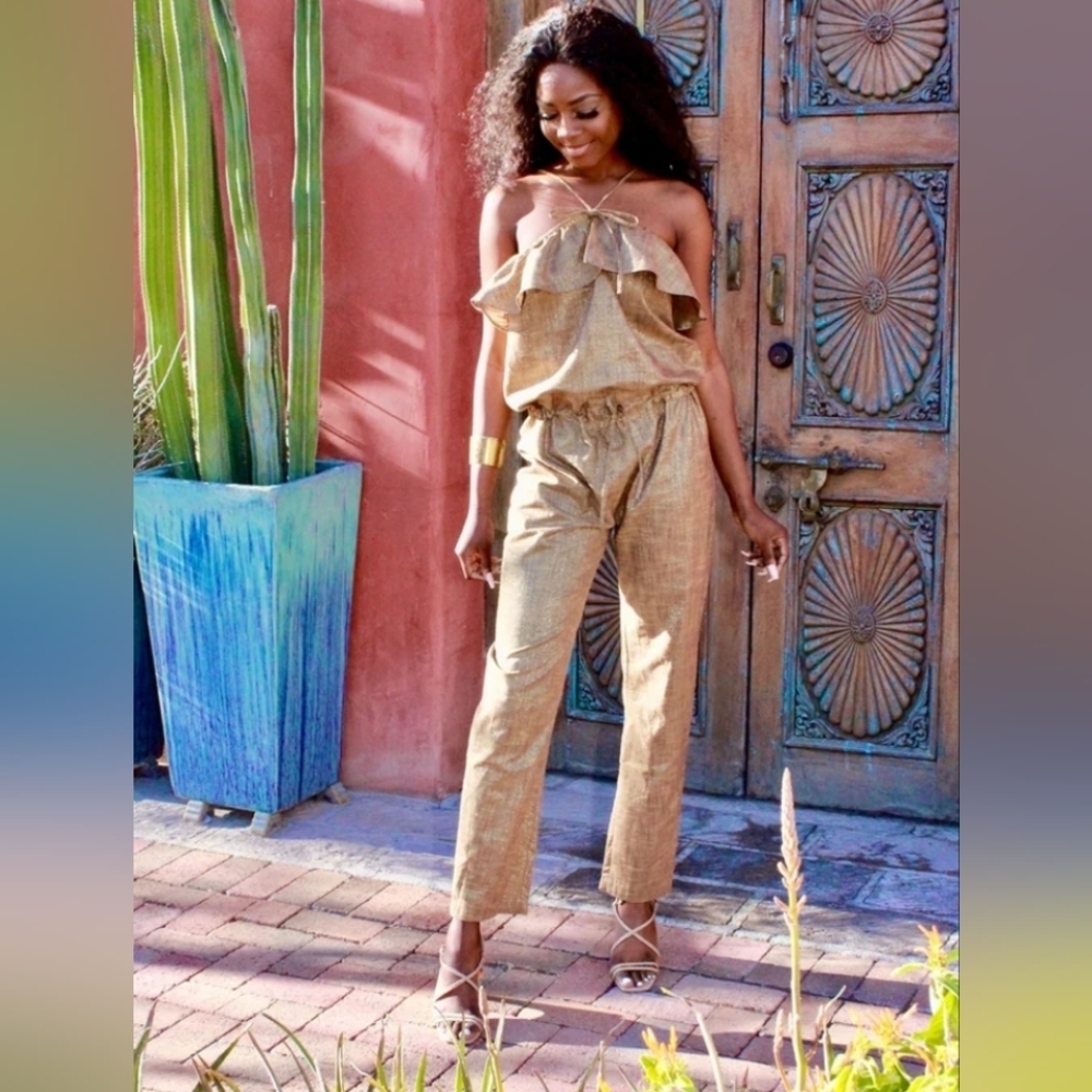 Gold Jumpsuit Rachel Walters. Chic Tan Strapless Jumpsuit Size S-M